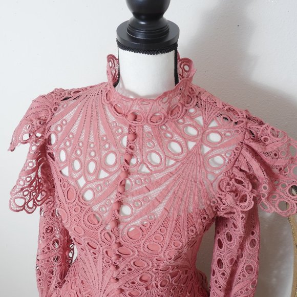 L'ATISTE Dusty Rose Pink Lace Eyelet Ruffle MockNeck Victorian French Boho Dress - Picture 7 of 16